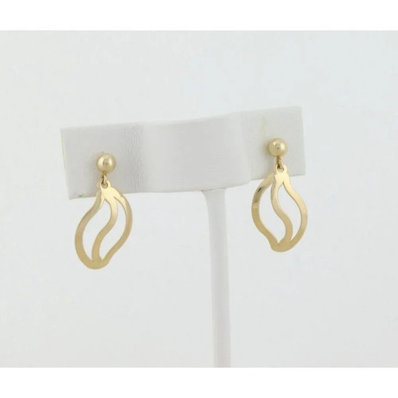 14k Yellow Gold Wave Earrings Modernist Dangle Drop - Picture 5 of 7